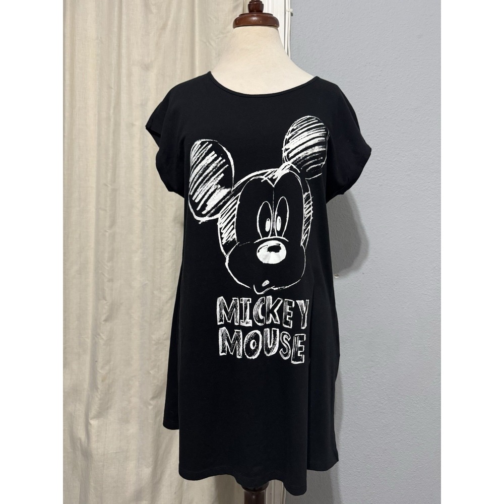 Disney Black Mickey Mouse Front Scoop Neck Short Sleeve Sleepshirt Dress L-XL